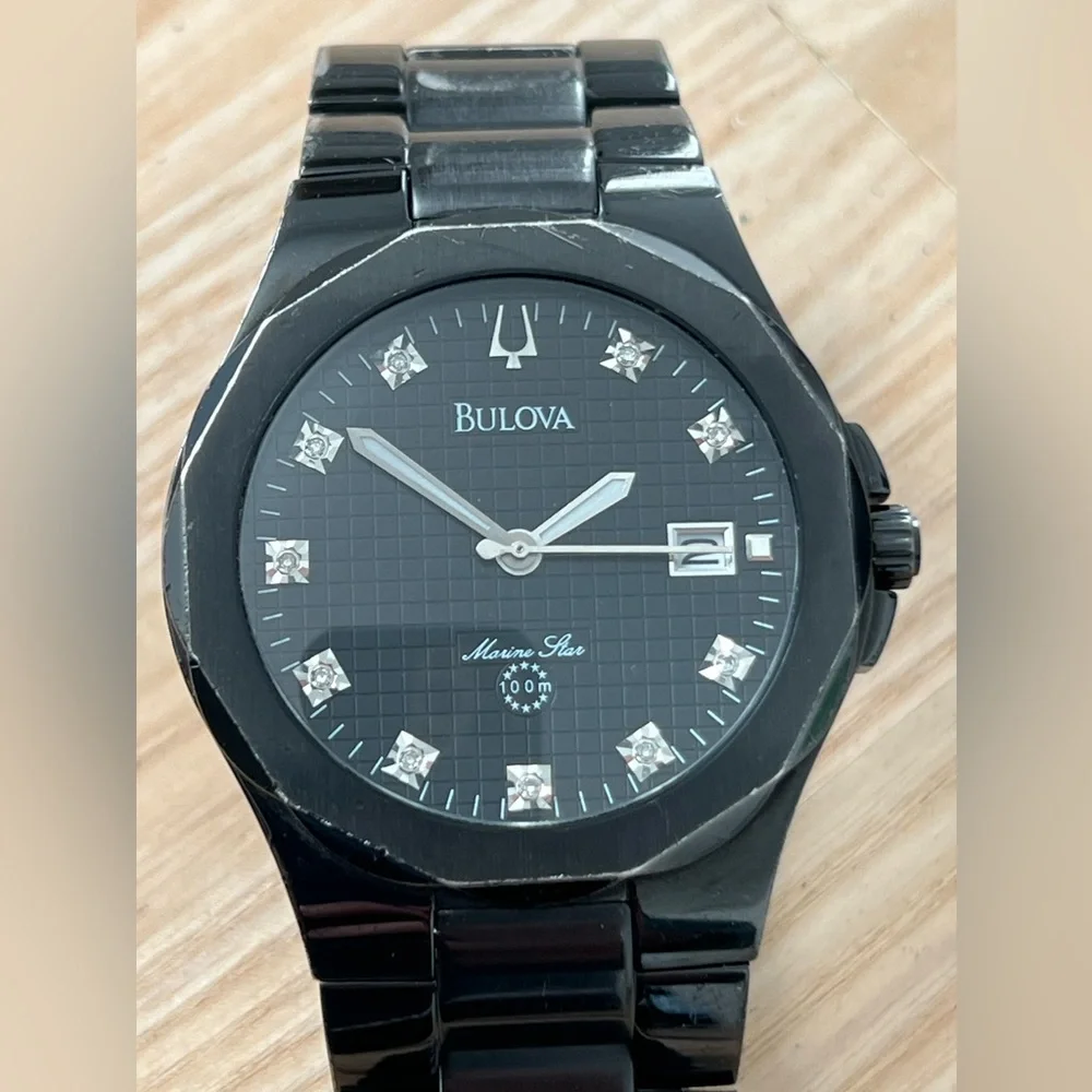 Bulova Marine Star Diamond Men’s Watch Black Dial, Case, Bracelet Date Window